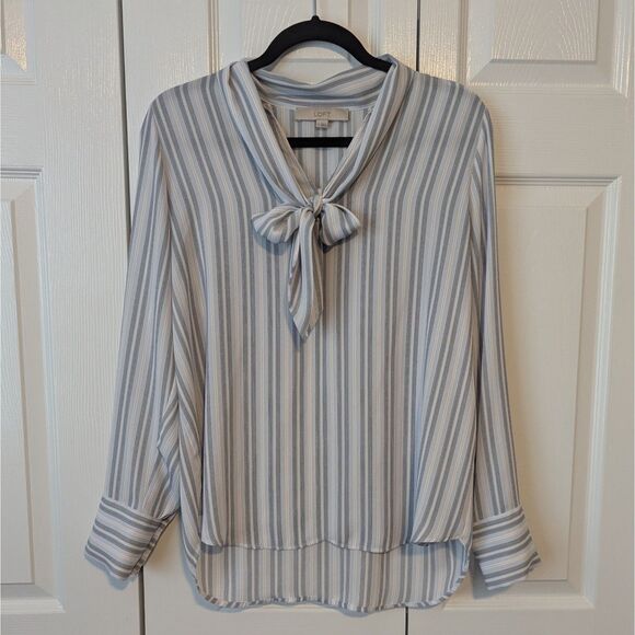 LOFT Tops - LOFT Women’s Long Sleeve V-Neck Blouse Size Medium | White Blue Stripe Top